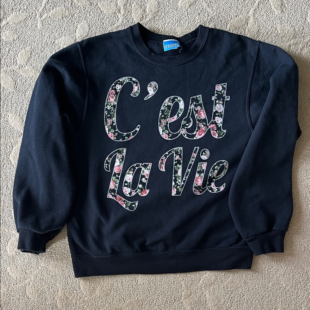 Urban Outfitters Crewneck Sweater with Pink Floral 'C'est La Vie' Graphic